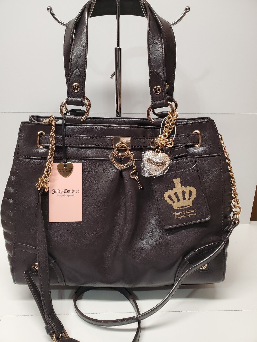 🎉 Juicy Couture Faux Leathet Chocolate Lock And Key Tote Bag with Gold Hardware